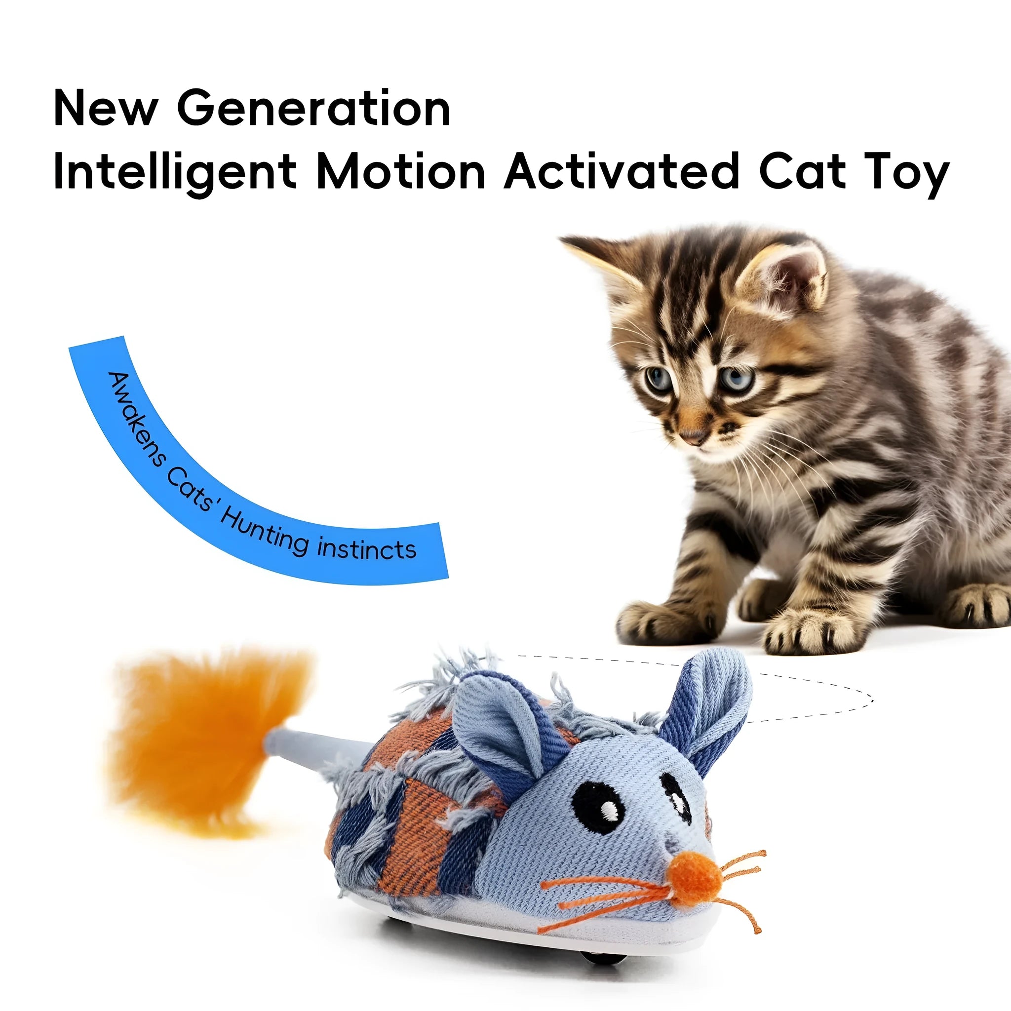 Electronic moving mouse cat toy with feather tail in blue or yellow colour options