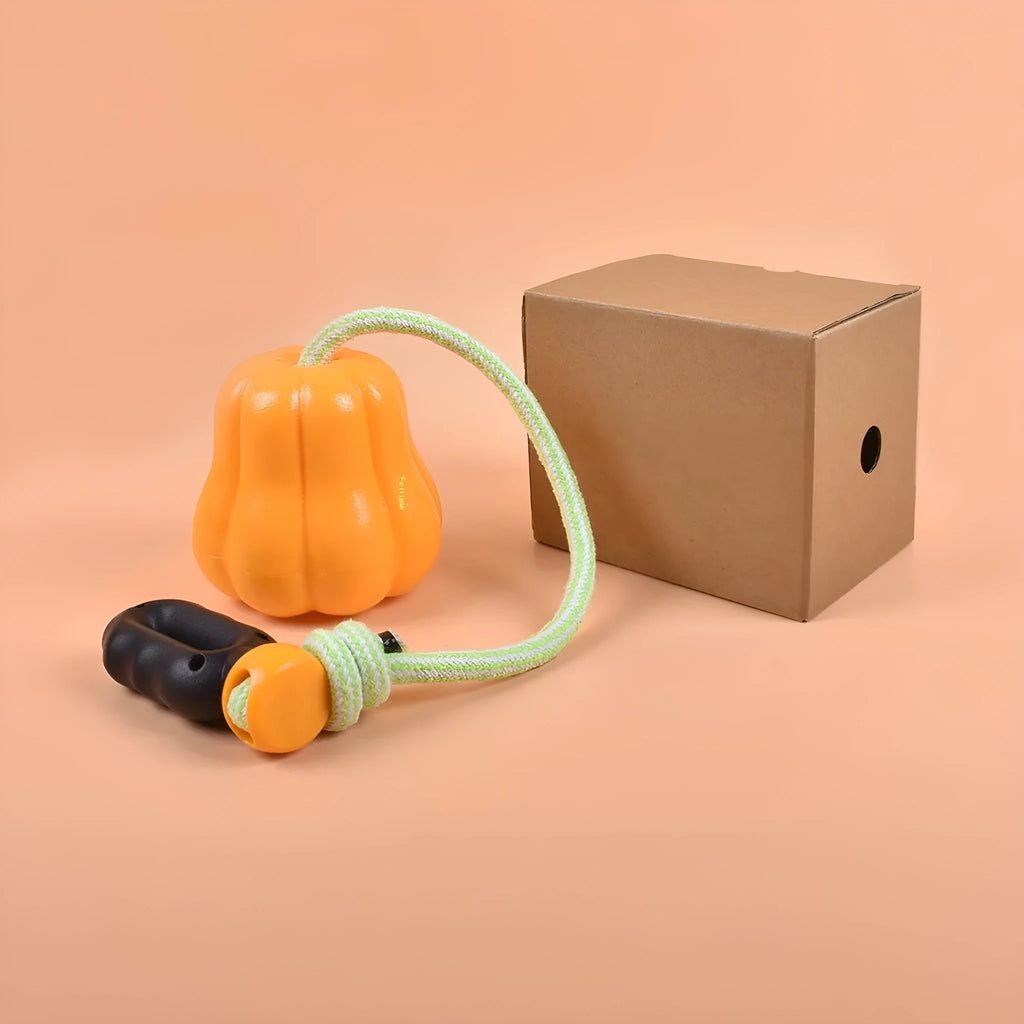 Pumpkin-coloured plastic dog chew toy with an attached rope for fetch and biting.