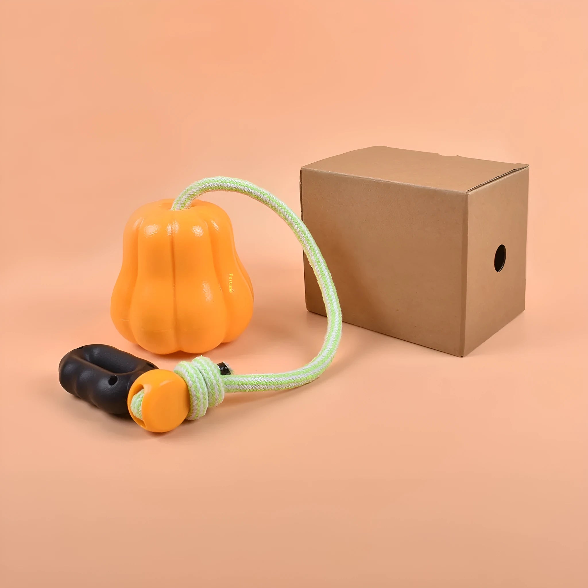 Pumpkin-coloured plastic dog chew toy with an attached rope for fetch and biting.