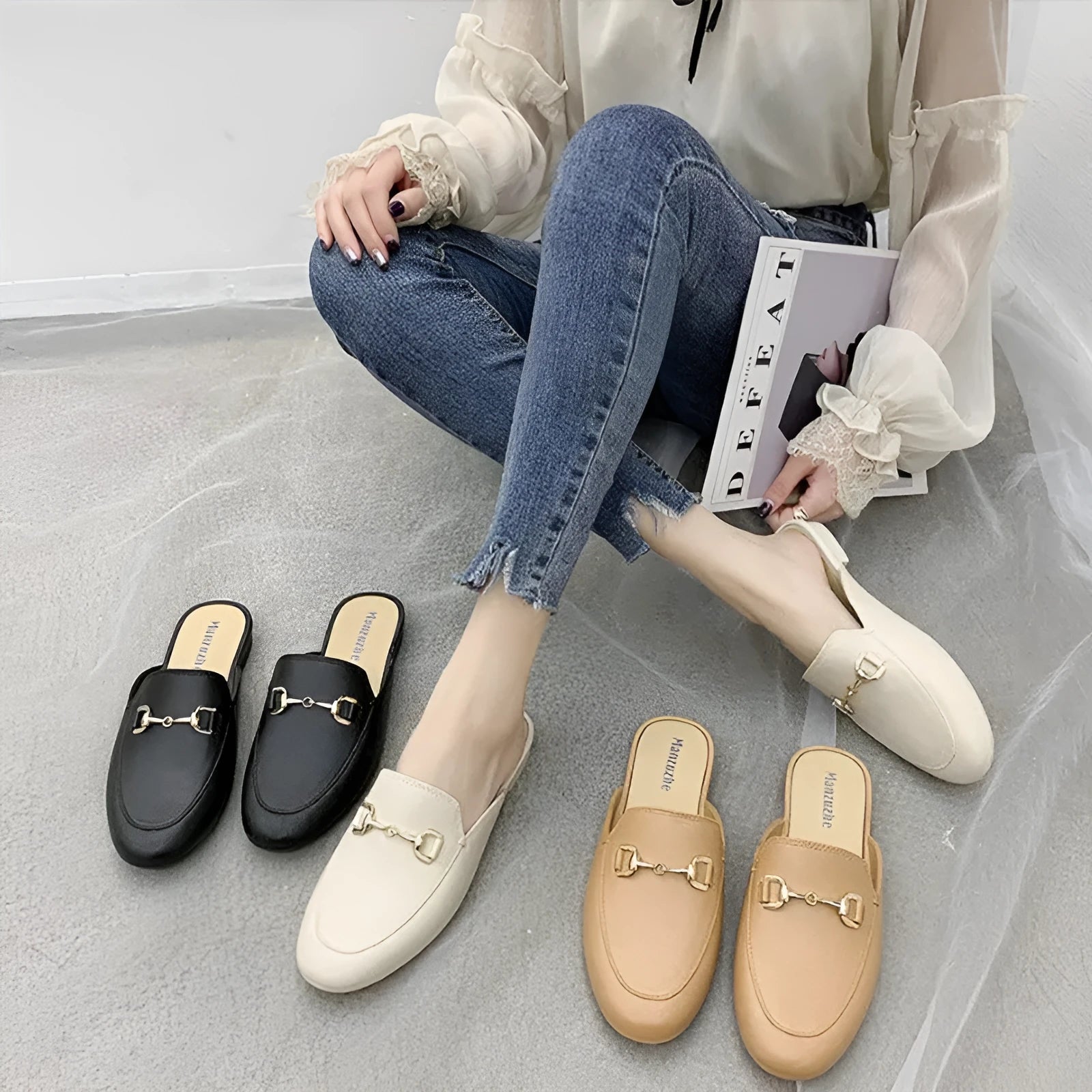 Women's PVC closed-toe half slippers with metal buckle in choice of colours.