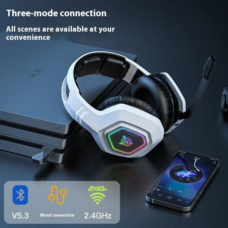Black wireless gaming headset with RGB lighting showing lightweight PC ABS construction