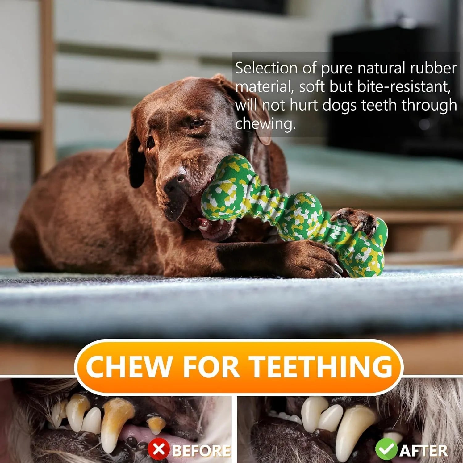 Natural rubber bone-shaped dog chew toy in a camouflage pattern for large breed aggressive chewers.