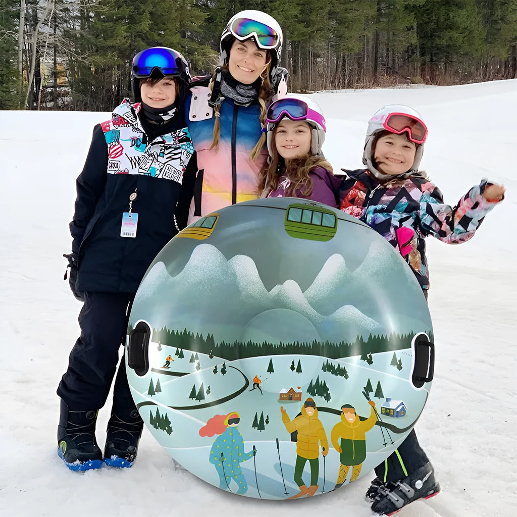PVC plastic winter ski ring toy for children in printed flame red, blue, or snow mountain designs.