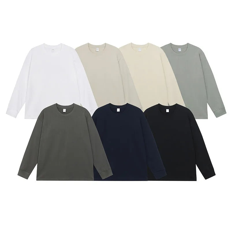 Men's loose fit long sleeve cotton t-shirt in solid colours showing size range