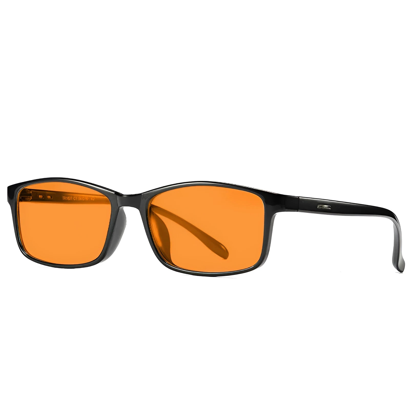 Orange anti-blue light glasses on a colour box, showing one of four available frame colour options.