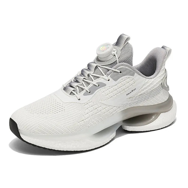 Men's beige Korean style running shoes with rotating button closure on a grey background.