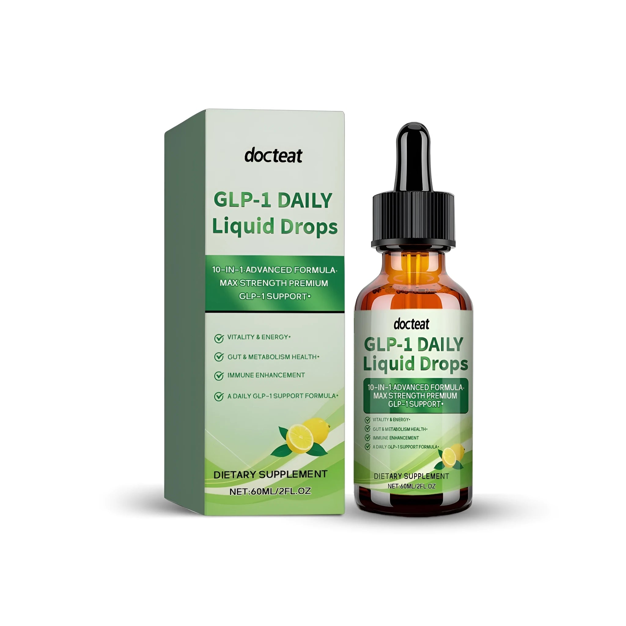 A 60ml bottle of GLP-1 daily liquid supplement drops with a dropper.