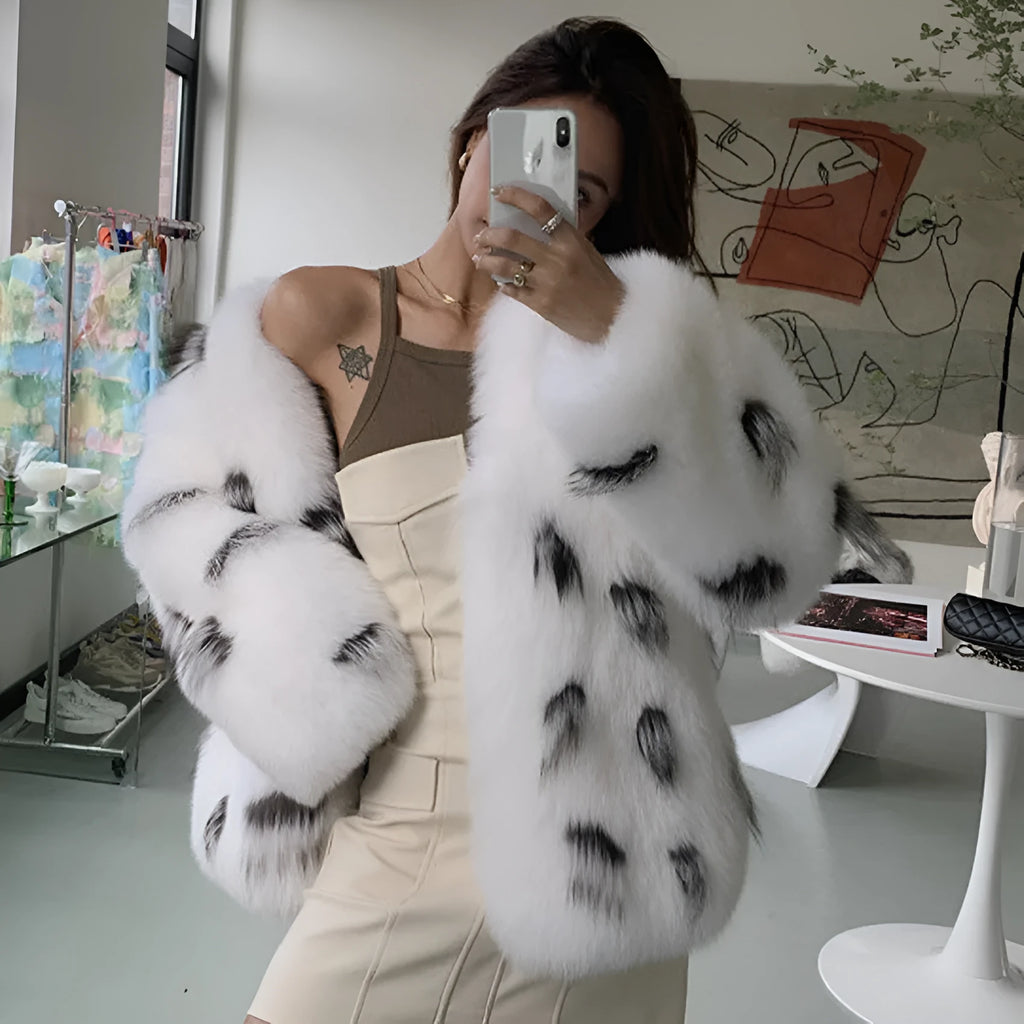 Black and white women's plus size slim-fit faux fur coat, Korean street style.