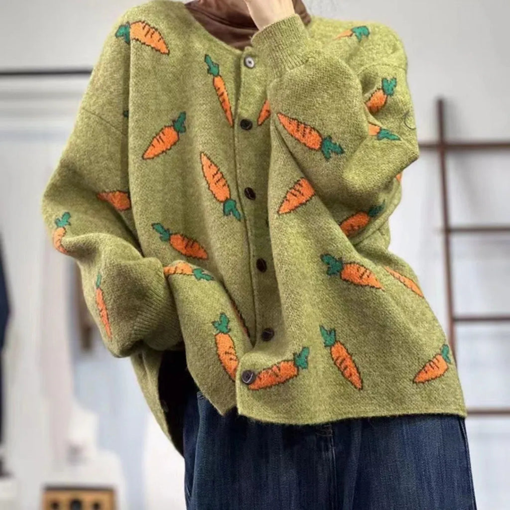 Mori artistic printing cardigan sweater with colour contrast design, loose casual street fashion style
