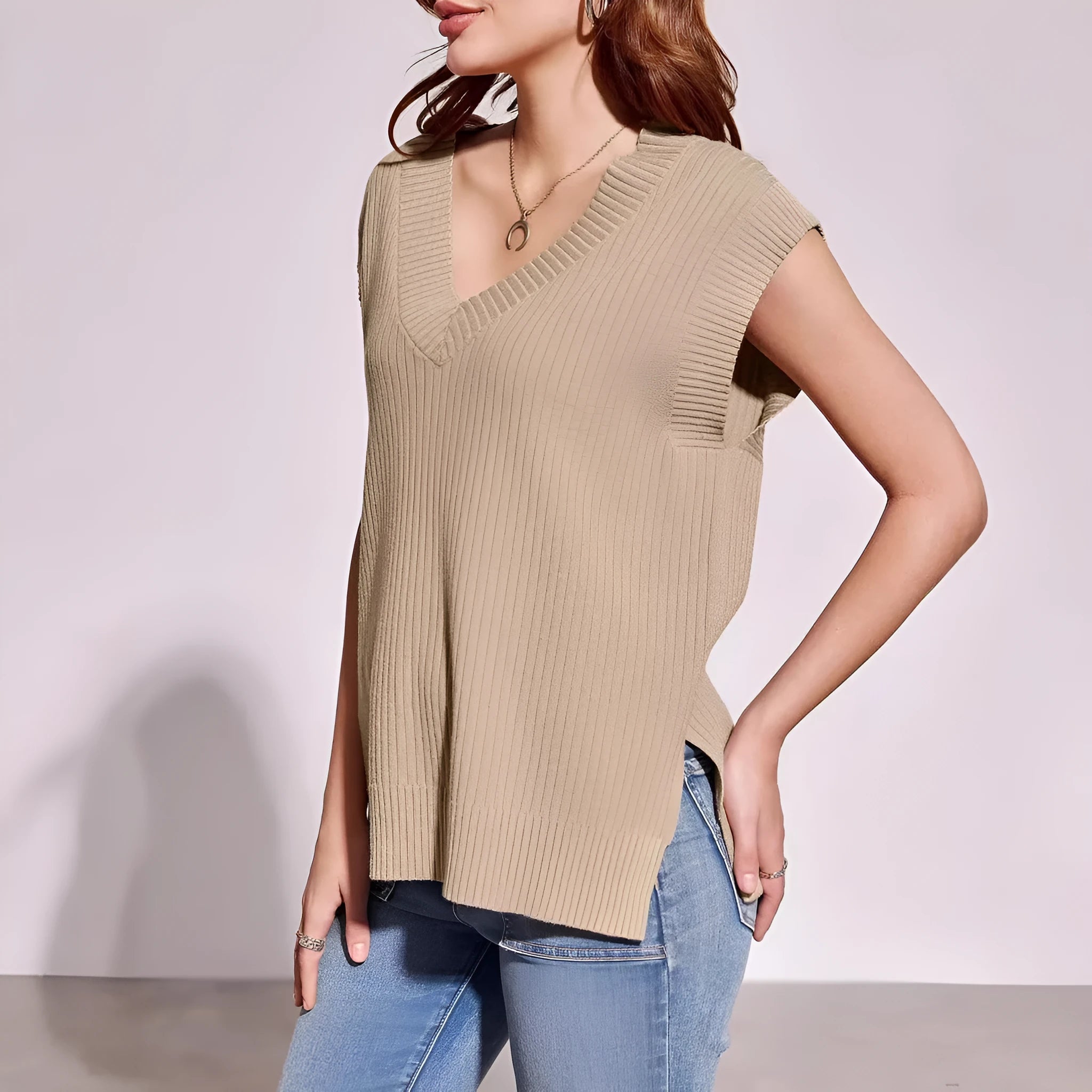 Women's V-neck sleeveless vest in camel colour with loose fit pullover design