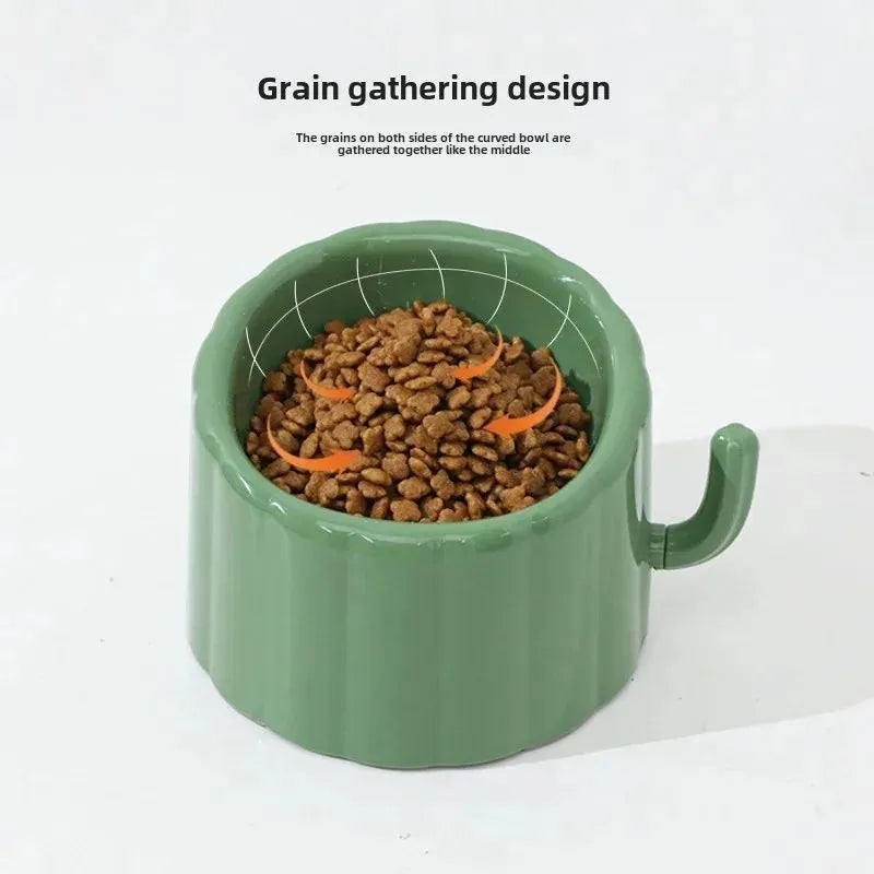 Dark green cat bowl with cactus design and anti-slip base on a wooden surface.
