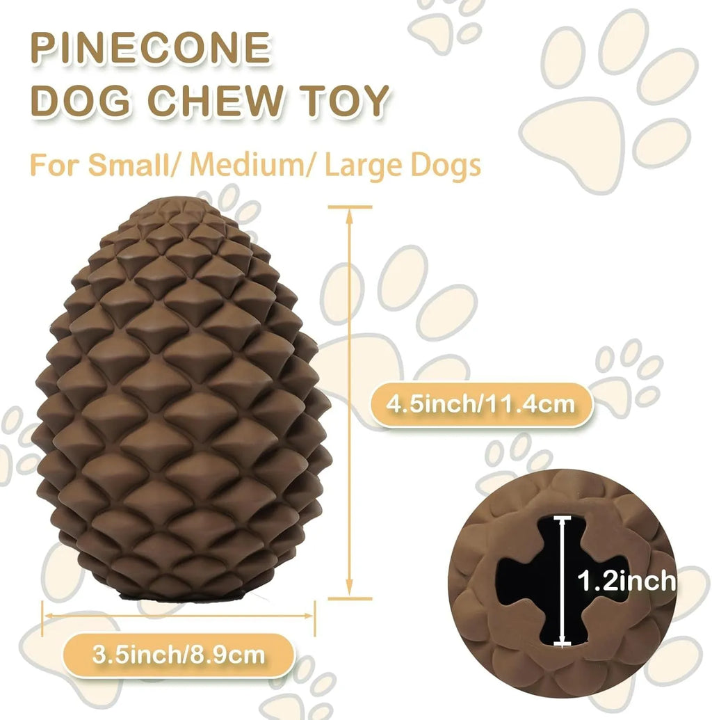 Yellow natural rubber pine cone-shaped dog toy with textured surface and treat dispenser hole.