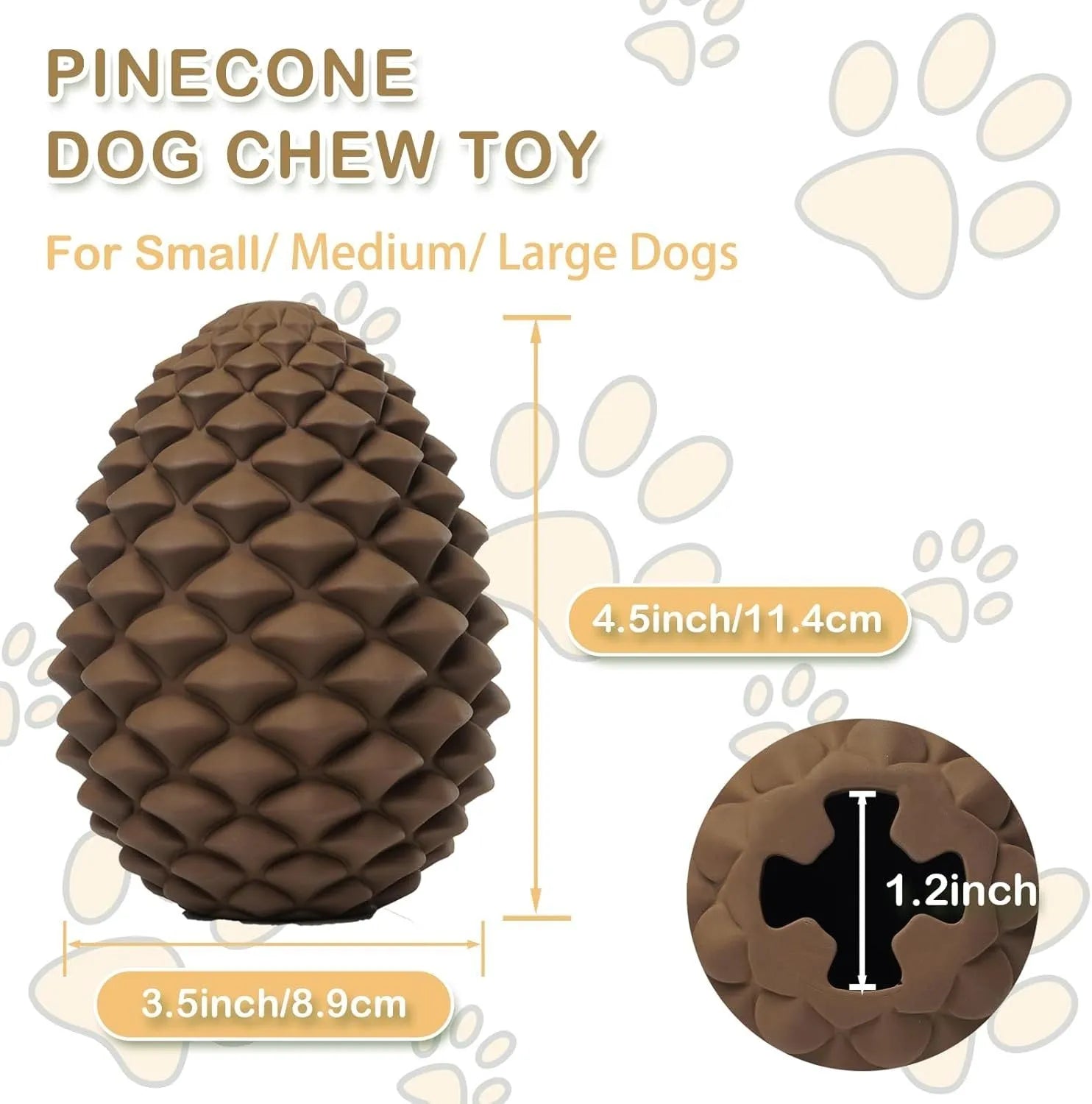 Yellow natural rubber pine cone-shaped dog toy with textured surface and treat dispenser hole.
