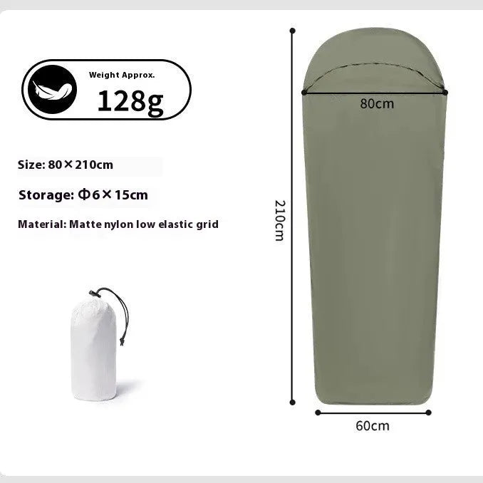 Blue lightweight nylon mummy sleeping bag for adult camping, shown with green colour option.