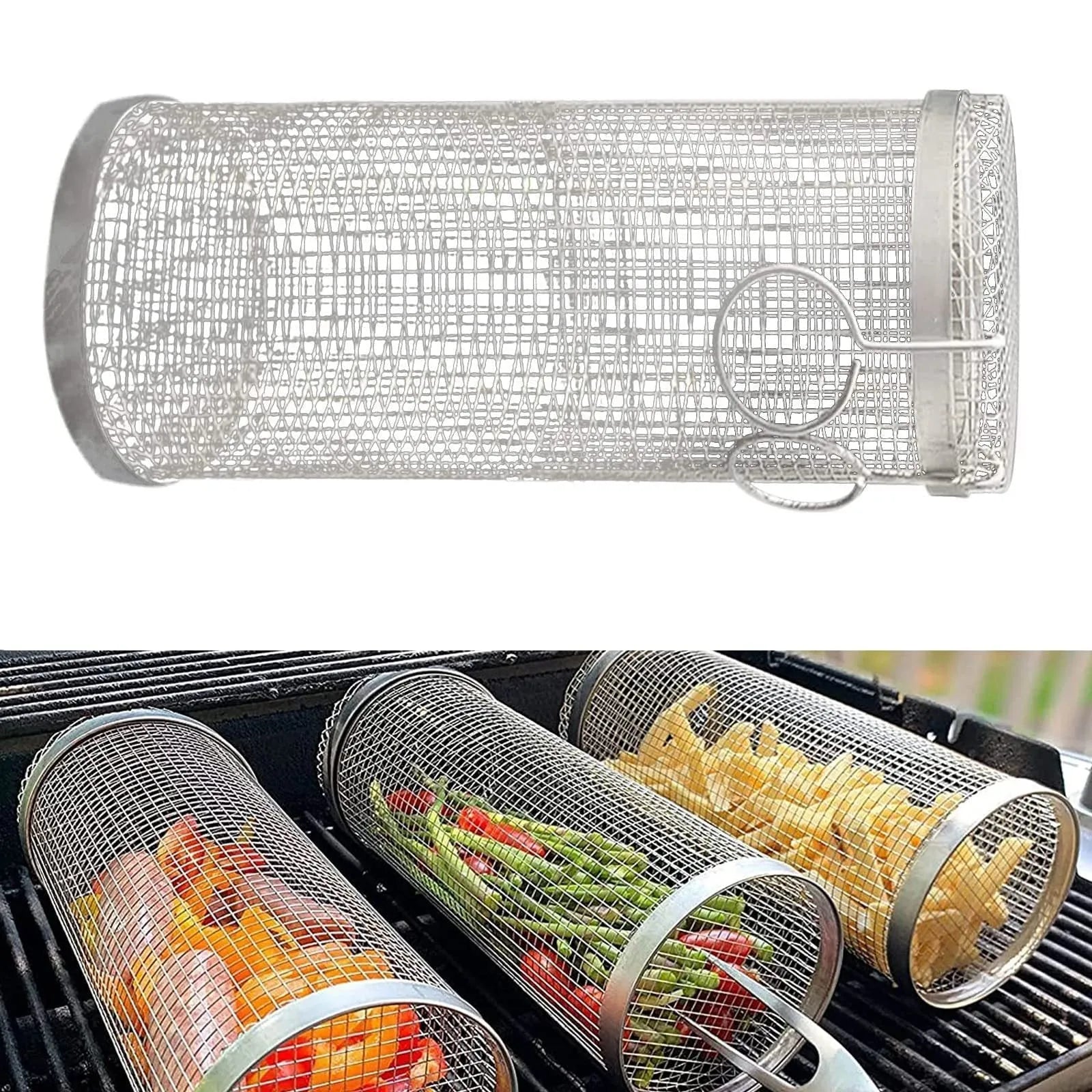 Stainless steel rolling barbecue grill basket with mesh cylinder for cooking vegetables and meatballs