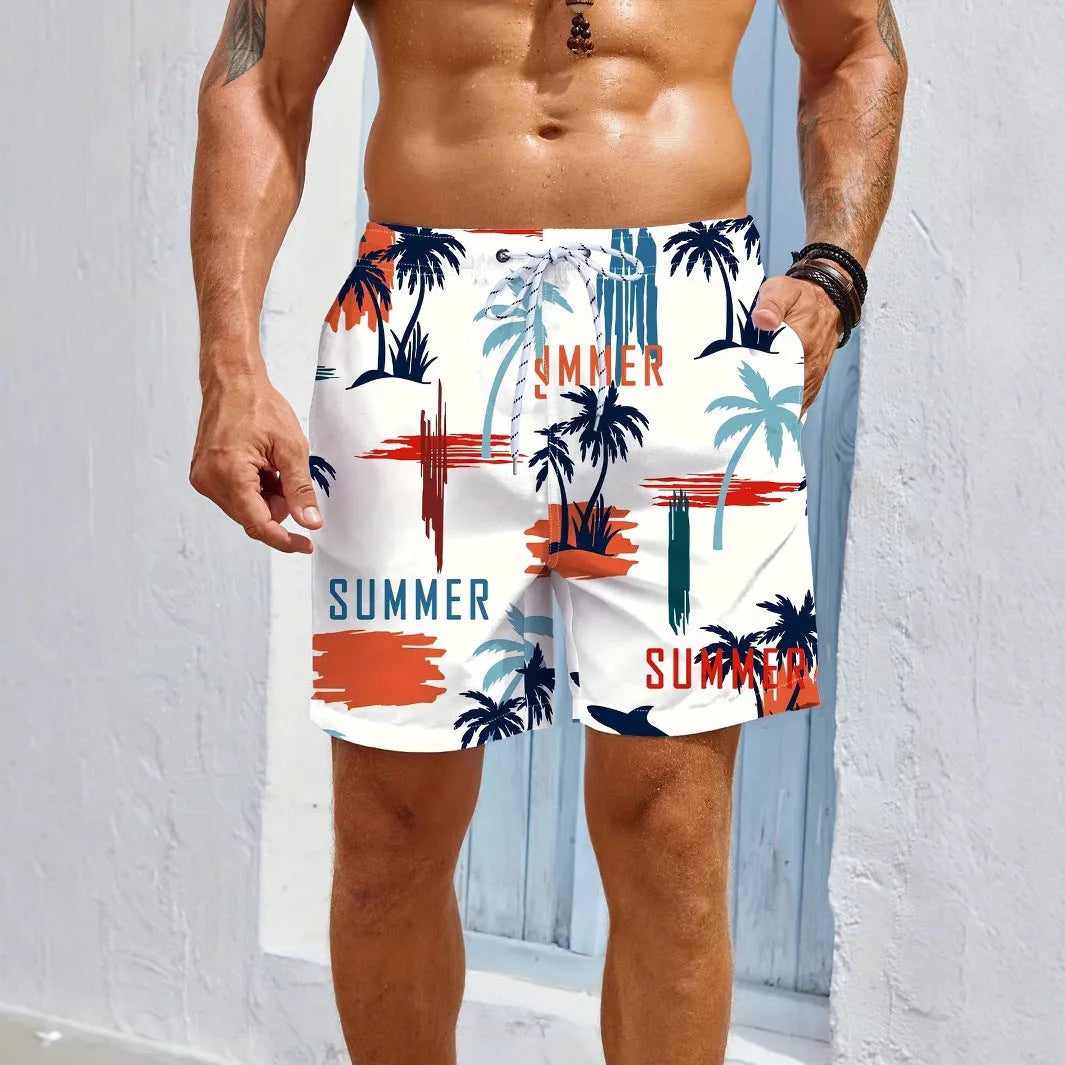Men's micro-elastic quick-dry swimming trunks in polyester fabric showing elastic waistband