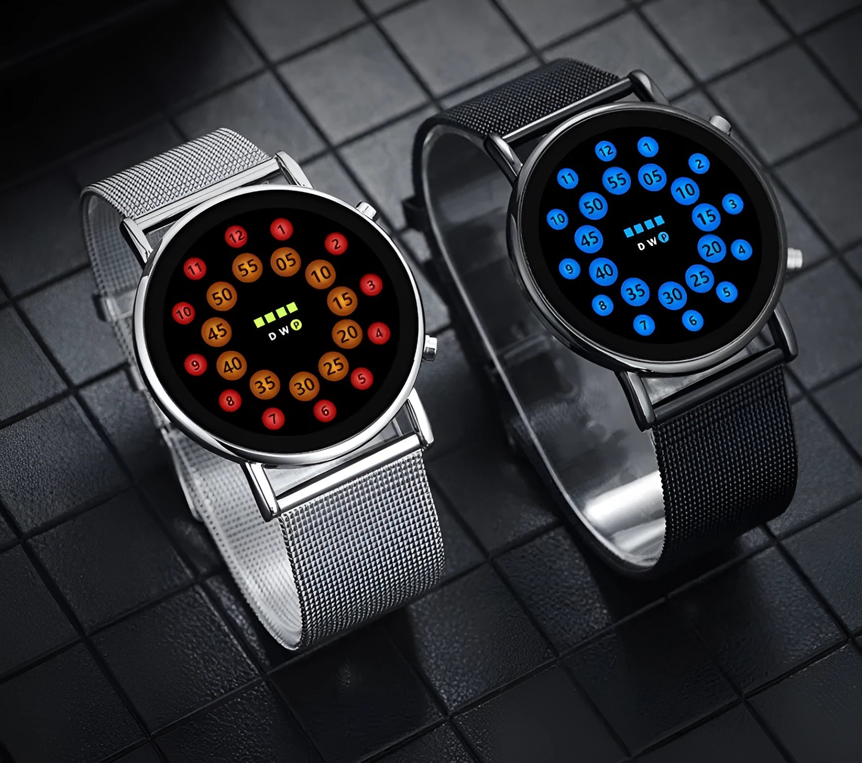 Black shell LED watch with blue illumination on stainless steel mesh strap showing 38mm round dial