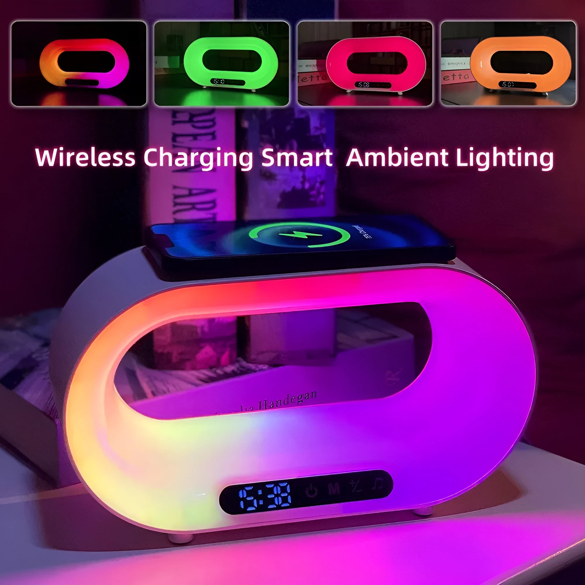 White smart LED desk lamp with wireless charging pad and alarm clock display in 3-in-1 design
