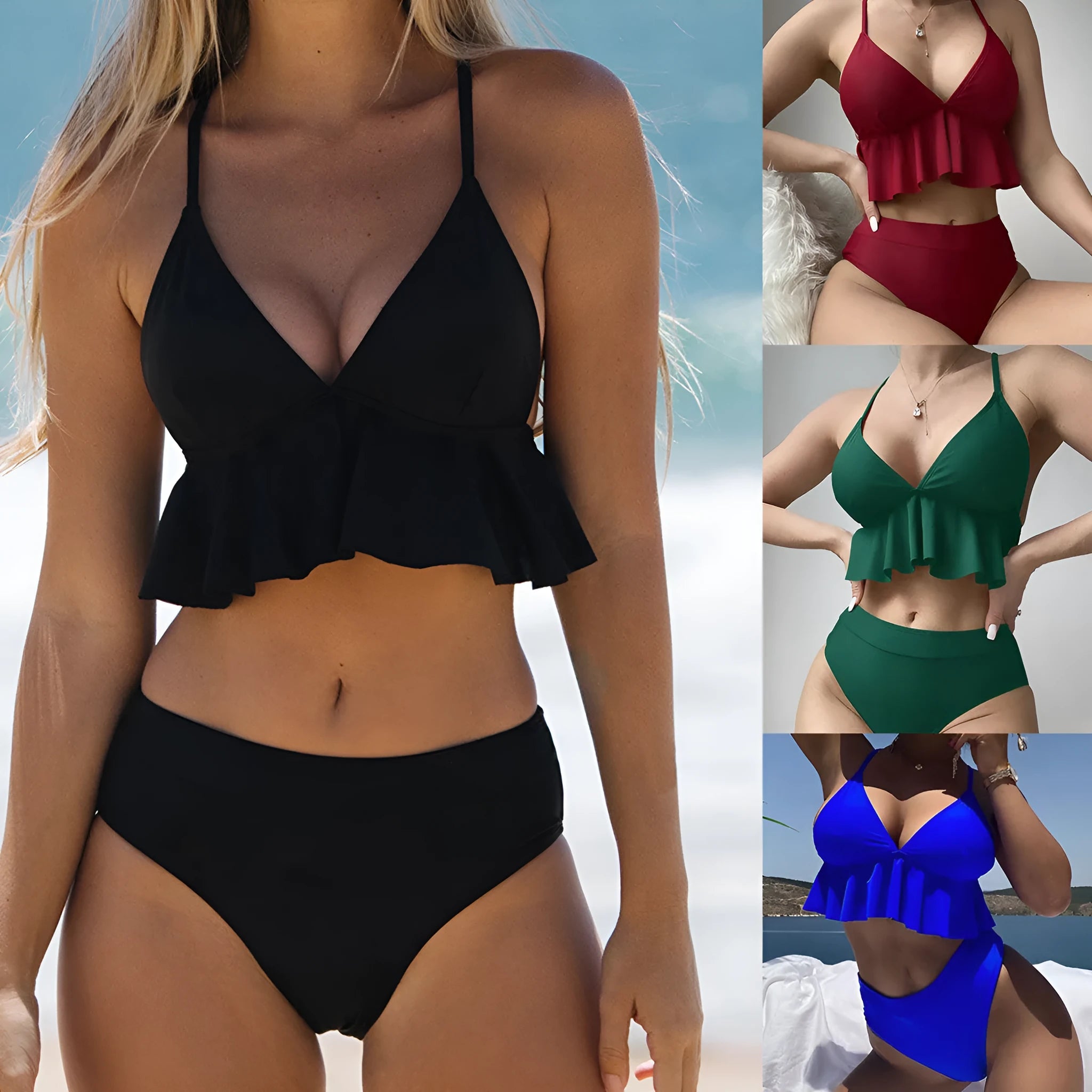 Women's solid colour split bikini swimsuit on a white background