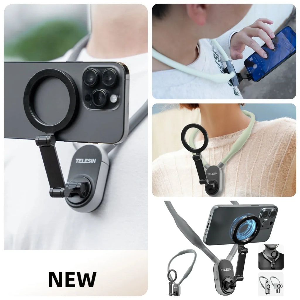 Gray silicone magnetic phone neck mount showing mobile phone attached with safety rope and aluminium strip construction