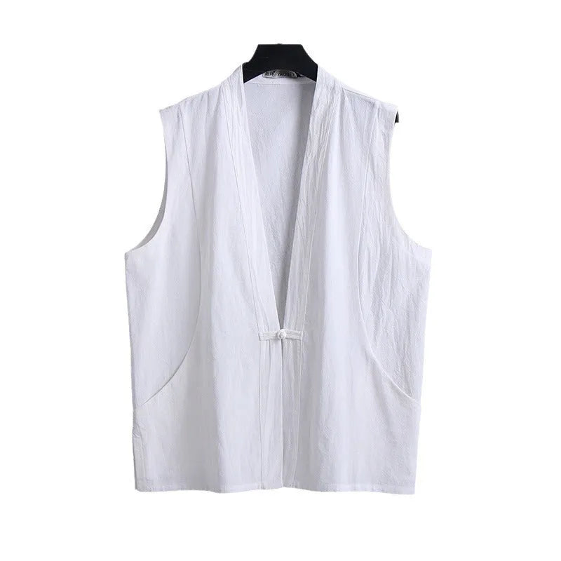Men's sleeveless linen vest in loose fit available in multiple solid colours