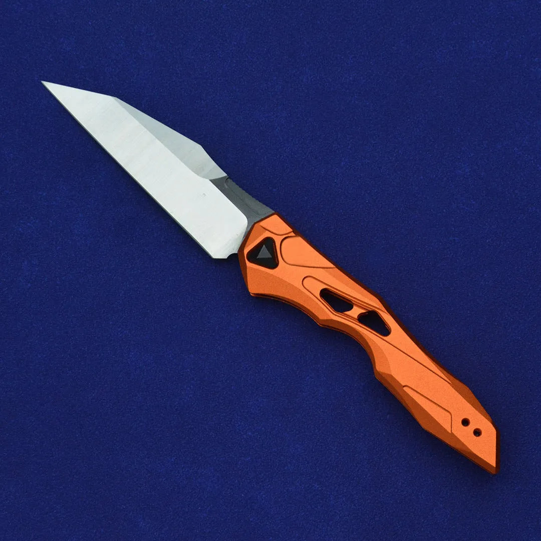 Black folding fruit knife with D2 steel blade and aviation aluminium handle measuring 19cm length