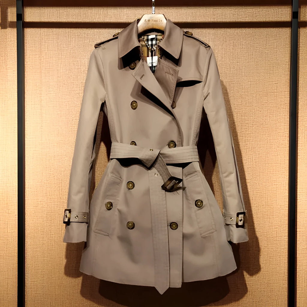 Khaki women's trench coat with double-breasted front and flight sleeves