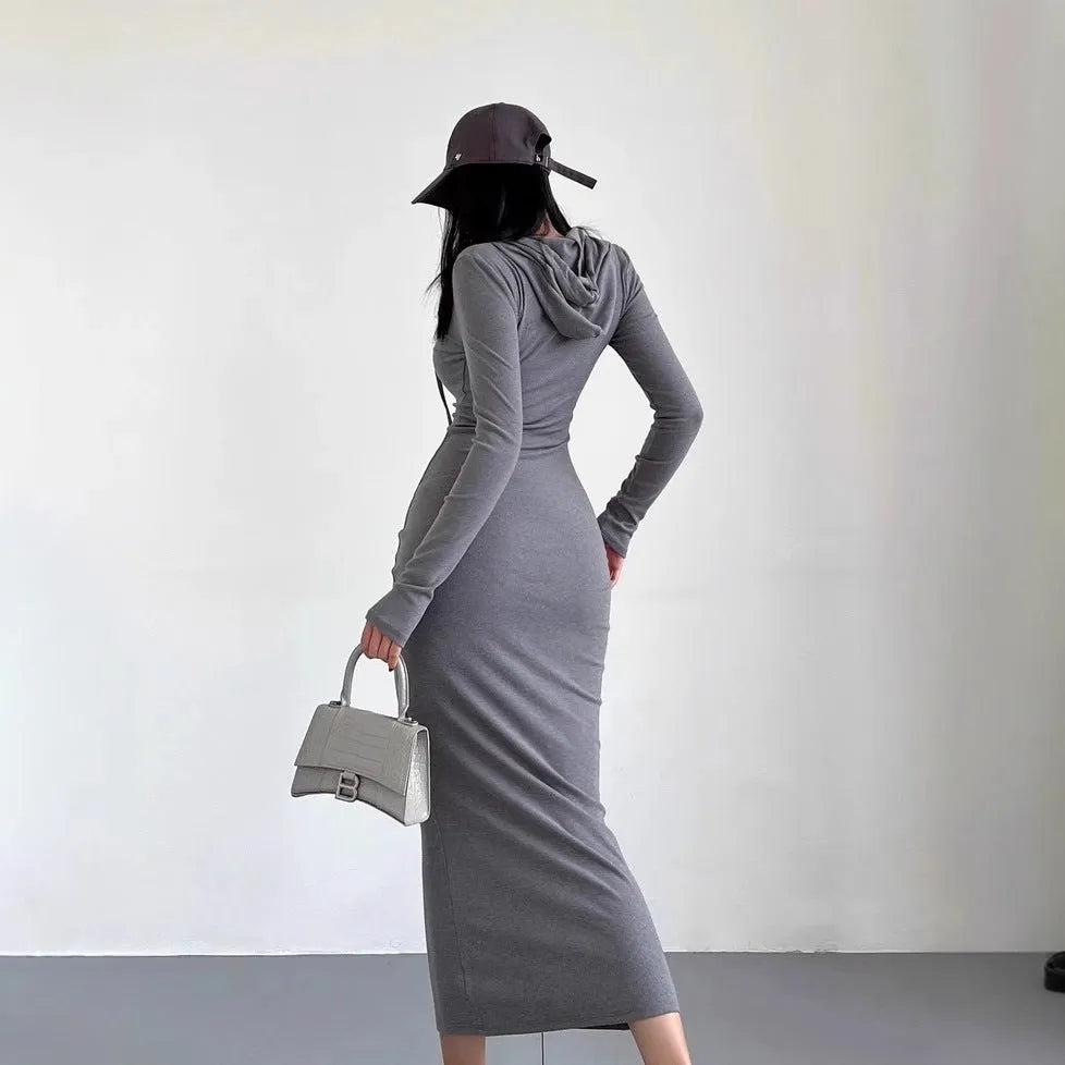Women's grey hooded sheath dress with long sleeves and a high waist, shown in a front view.