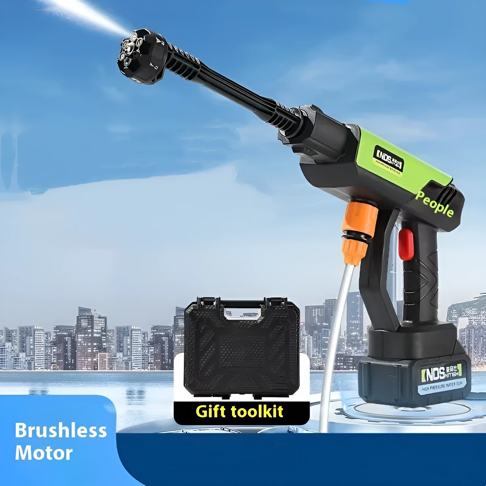 Green wireless high-pressure water gun with six-in-one metal nozzle and extension accessories.