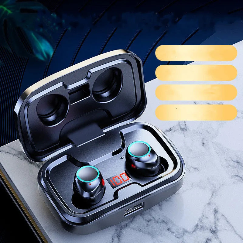 Wireless Bluetooth 5.0 in-ear earphones shown in black, blue, and red colour options.