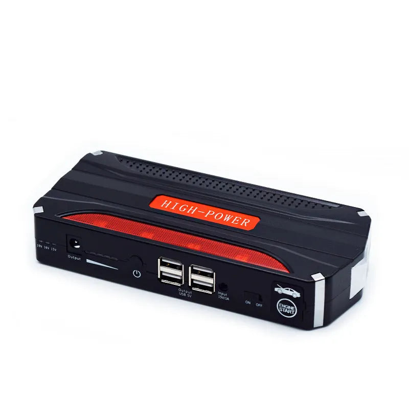 Black and red 12V vehicle emergency starting power supply showing front panel and compact dimensions