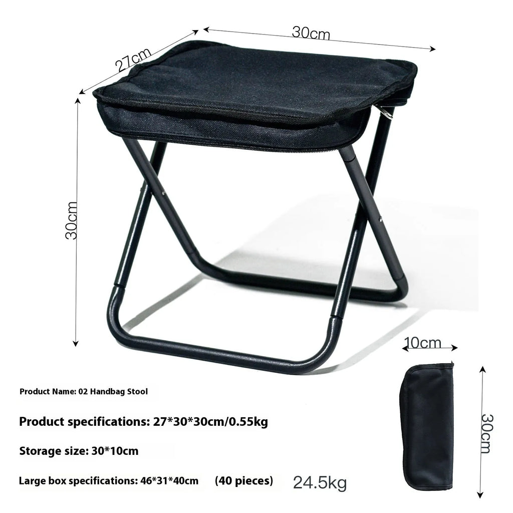 A foldable outdoor camping stool in Oxford cloth, shown in a khaki colour, folded compactly.