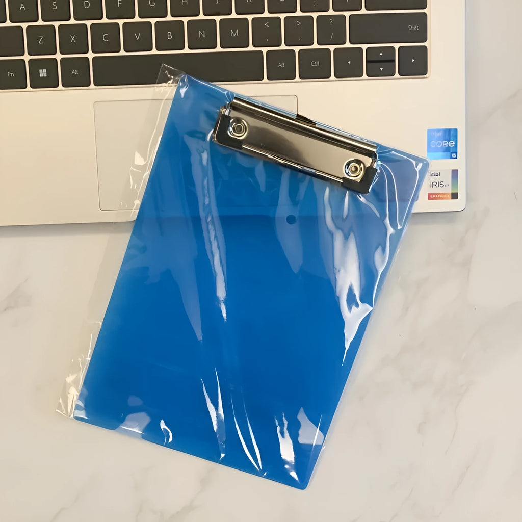 A4 transparent polypropylene clipboard with metal clip, shown in blue, holding paper.