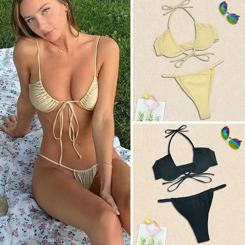Black and mint green women's two-piece nylon bikini swimsuit with adjustable straps.