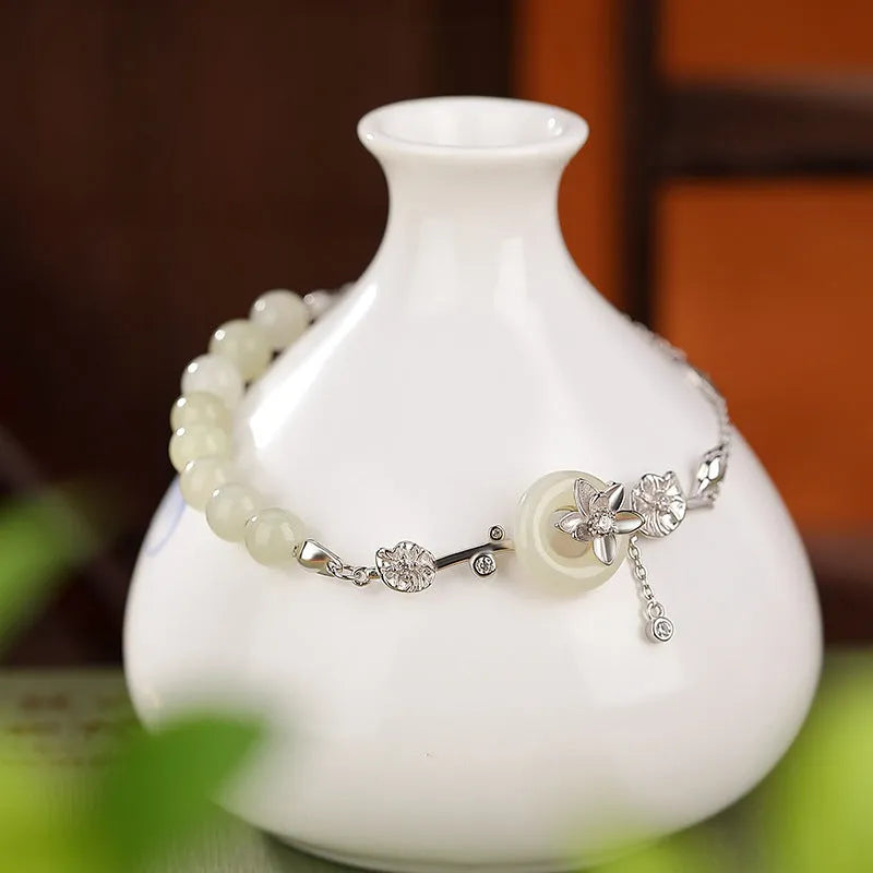Hetian jade lotus peace buckle bracelet in 925 sterling silver with gold or silver plating