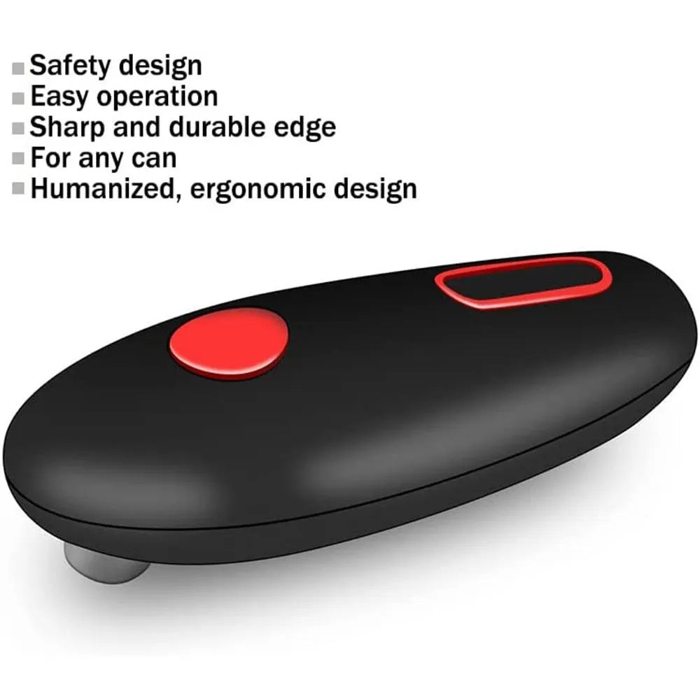 Black plastic electric can opener with compact design for battery-powered hands-free opening