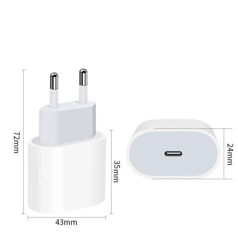PD20W mobile phone charger with USB port and regional plug options.