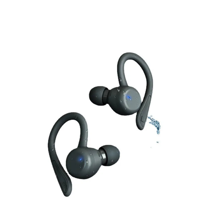 Noise-cancelling hanging ear sports earbuds in black with removable ear hooks and charging case.