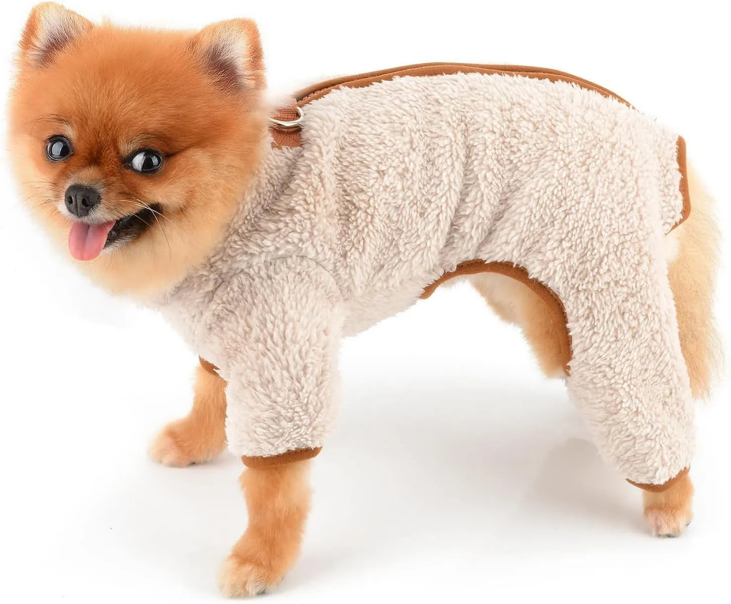 Green plush fleece dog coat with four-leg design and back zipper for small breed dogs