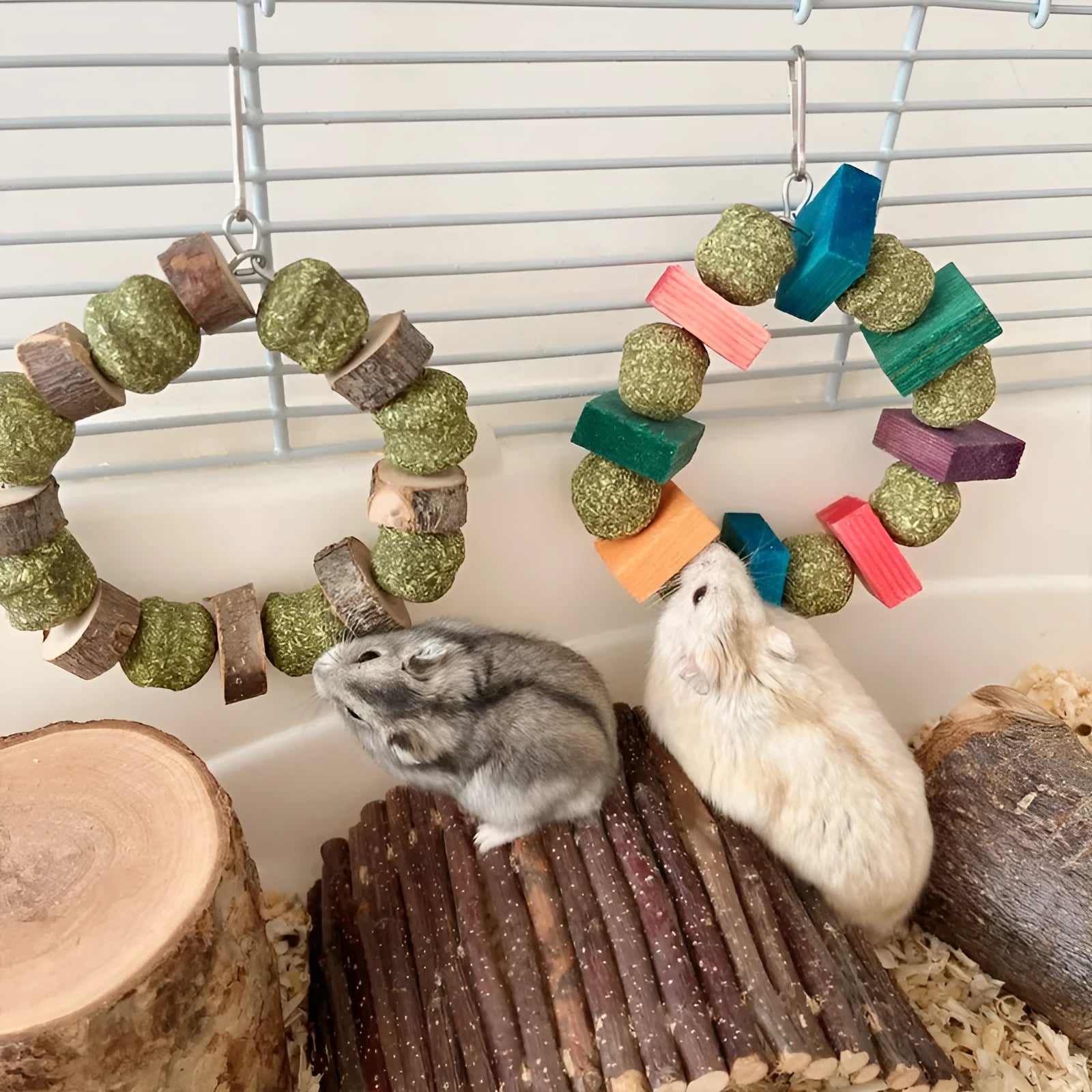 Hamster toy with applewood chew rod and woven straw ball ring for small pet enrichment