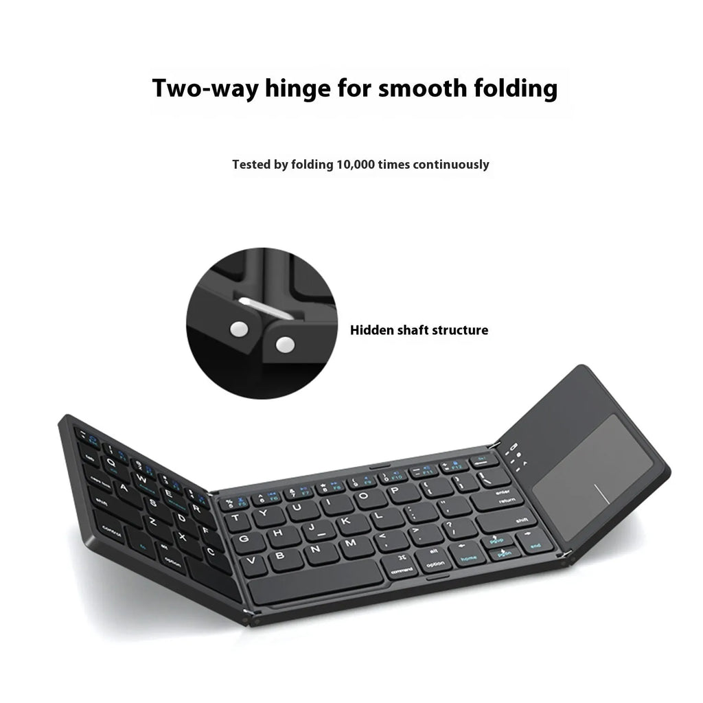 Mini tri-fold Bluetooth keyboard shown folded and unfolded with silver finish