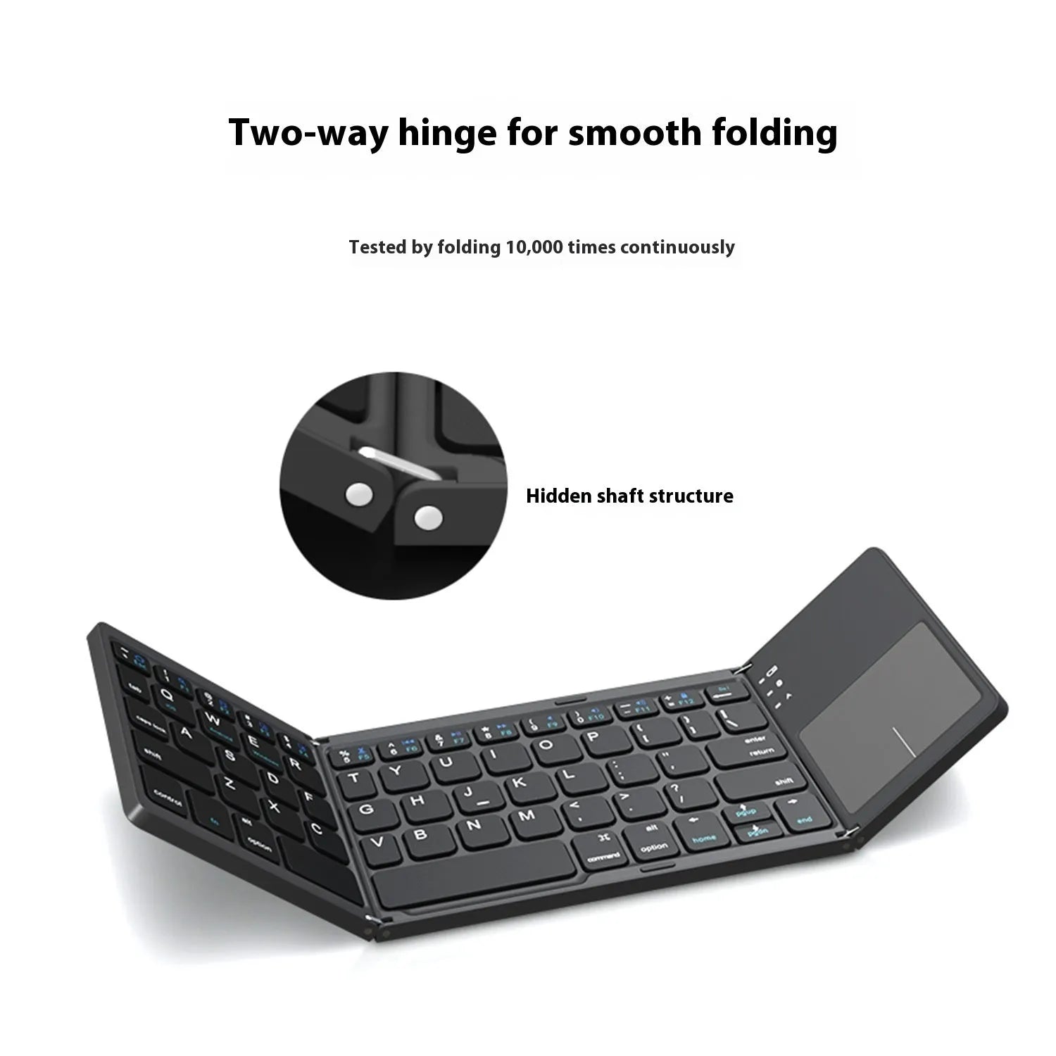 Mini tri-fold Bluetooth keyboard shown folded and unfolded with silver finish