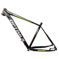 Black green aluminium mountain bike frame for 29-inch wheels with disc brake mount and internal cable routing ports.