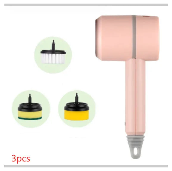 Green electric cleaning brush with multiple rotating brush heads on a kitchen countertop.