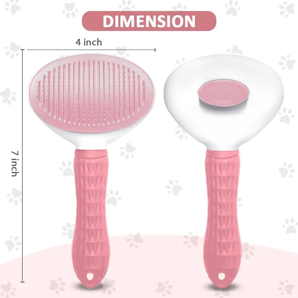 Blue, grey, or pink cat brush with a release button and fine wire bristles for pet grooming.
