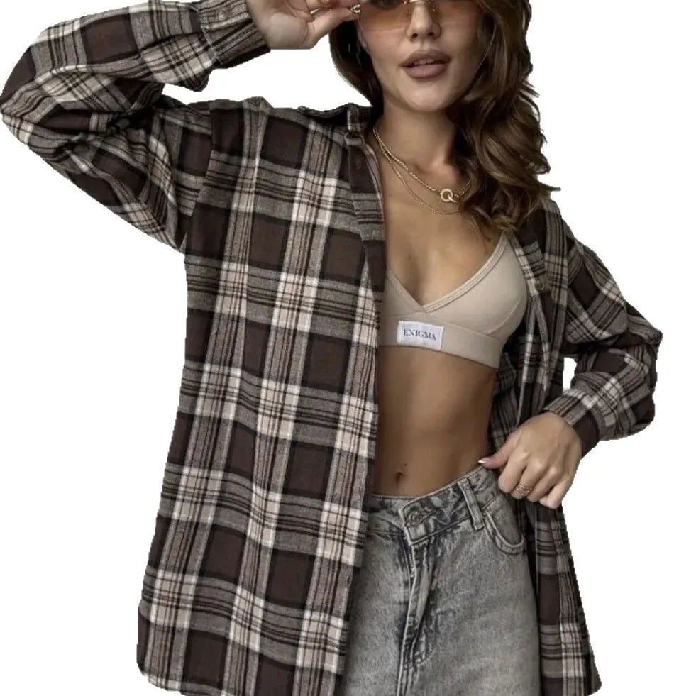 Dark brown striped women's shirt with long sleeves and retro collage stitching detail.