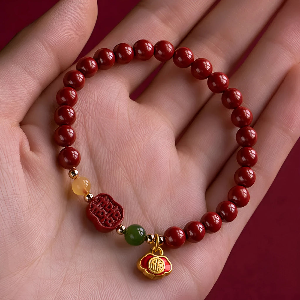 Raw ore Emperor Sandstone bracelet with a fu character charm in New Chinese style.