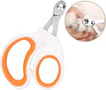 Blue pet nail clippers with a circular hole for the nail, showing the stainless steel blades and cushioned handles.