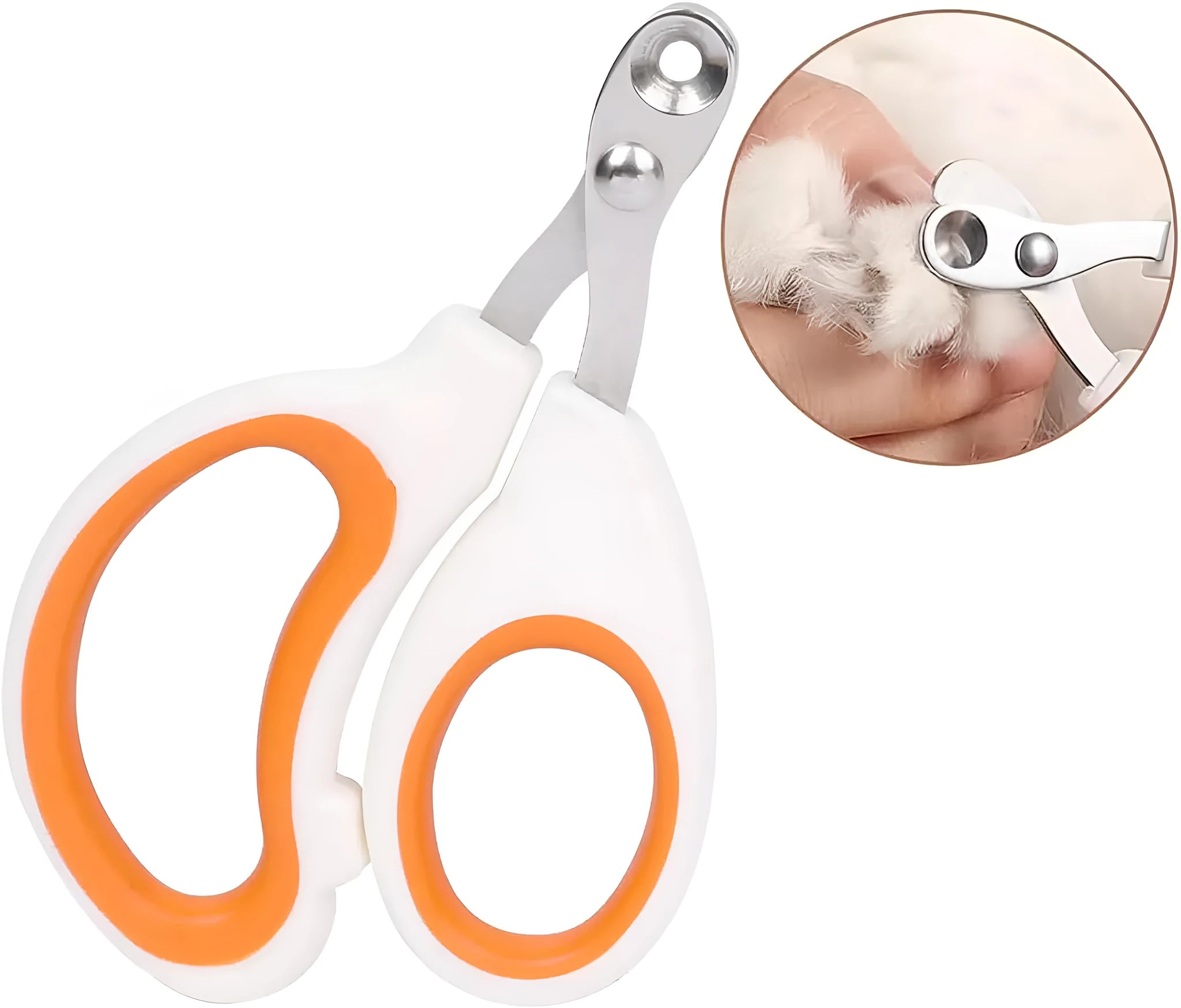 Blue pet nail clippers with a circular hole for the nail, showing the stainless steel blades and cushioned handles.