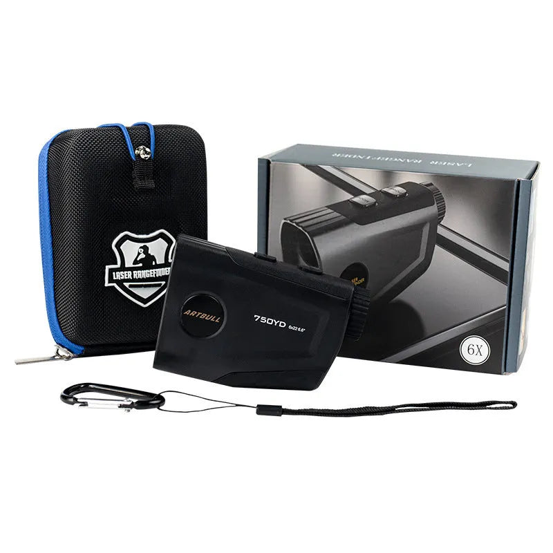 Black golf laser rangefinder with LCD display showing yardage, featuring a 20mm objective lens.